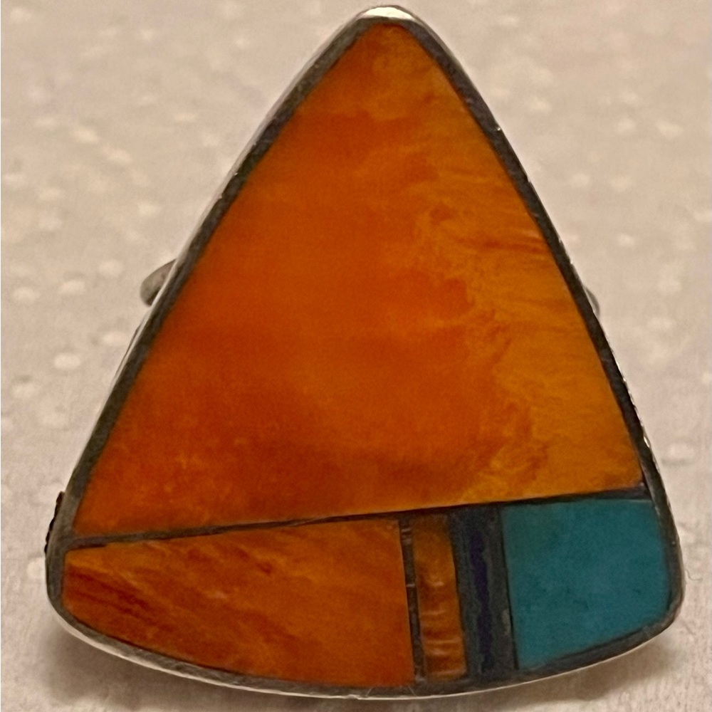 Lg Navajo Triangular Multi Stone Inlay Ring - image 1